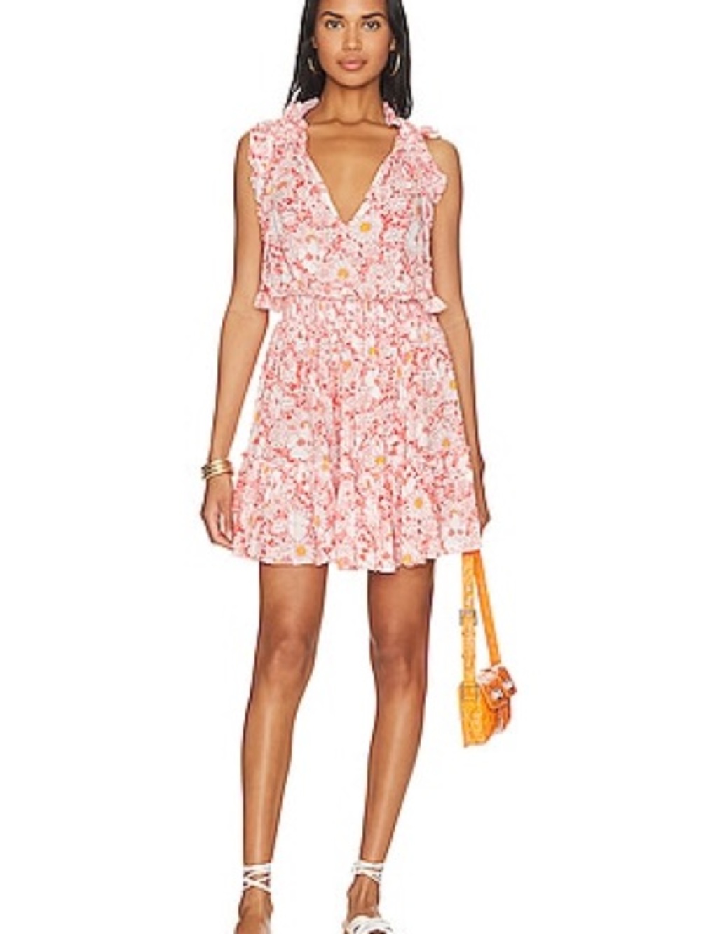 Poupette St. Barth Coral Pink Floral Ruffle V-Neck Mini Dress